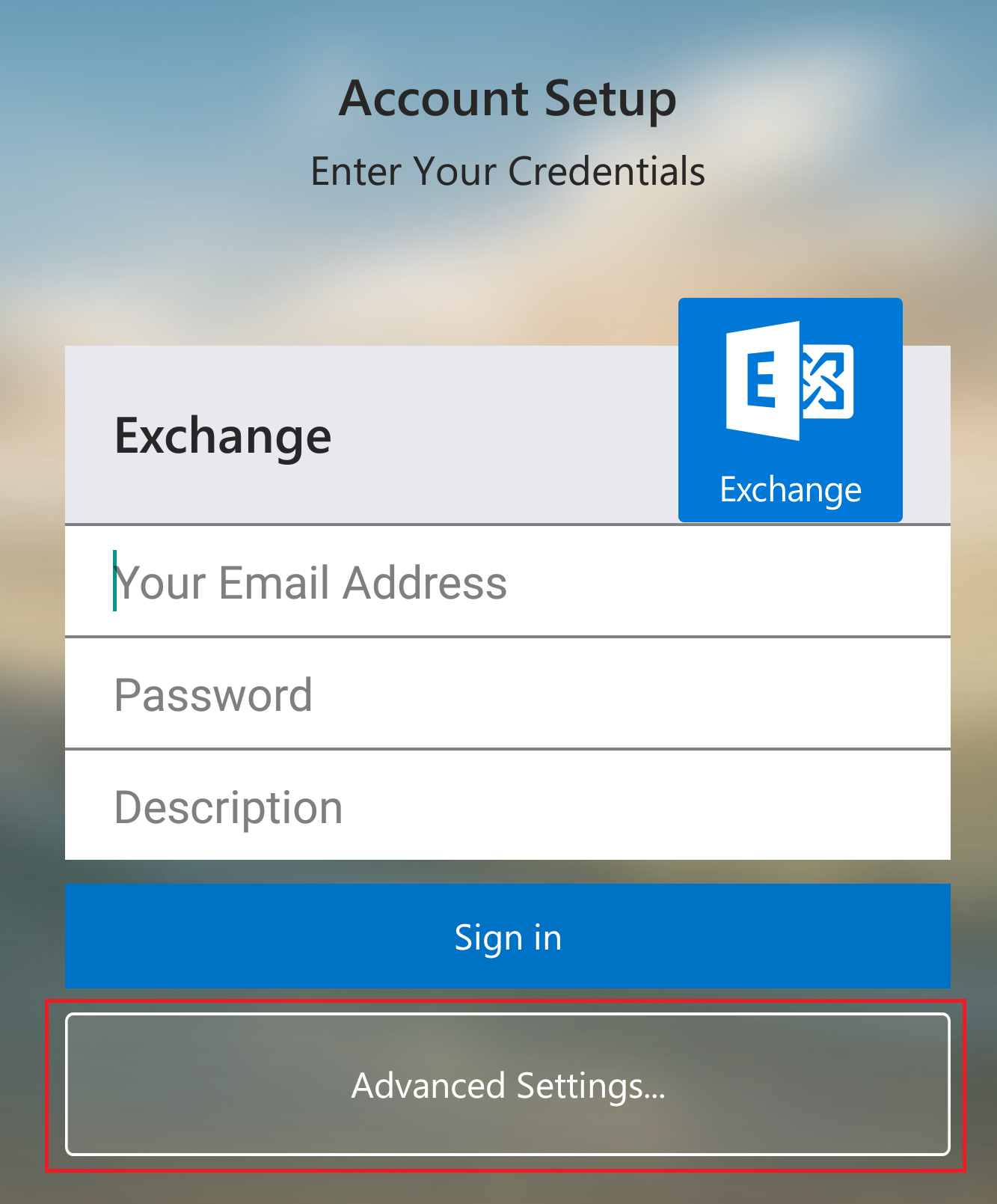 Advanced settings option in Exchange Login