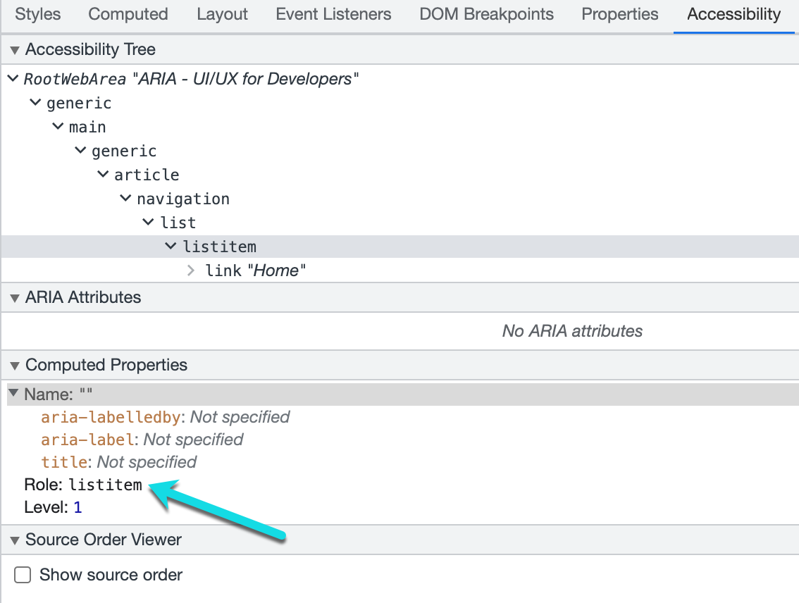 accessibility tree showing role of listitem for li element