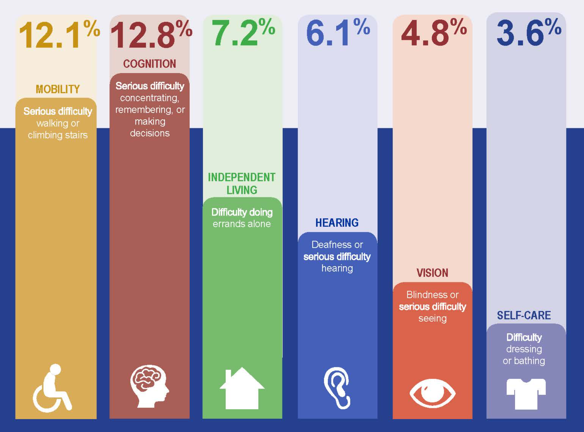 Percentage of adults with functional disability types